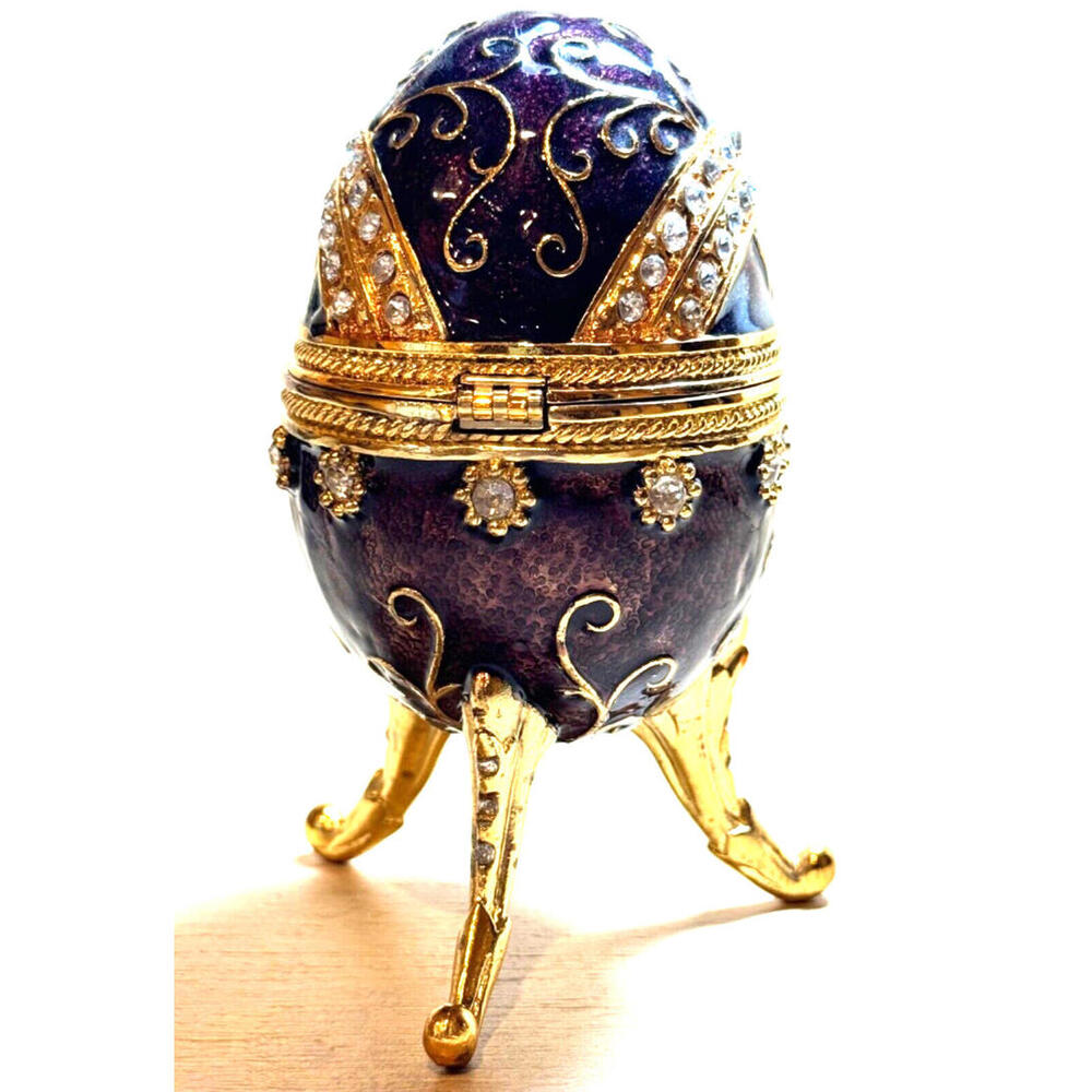 Faux Faberge Purple Bejeweled Egg Trinket Box Jewelry Ring Holder Keepsake